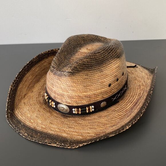 Brown Straw Cowboy Hat Beaded Band Sz  7 1/2 (M/L) Boho Western Vacation main image 8